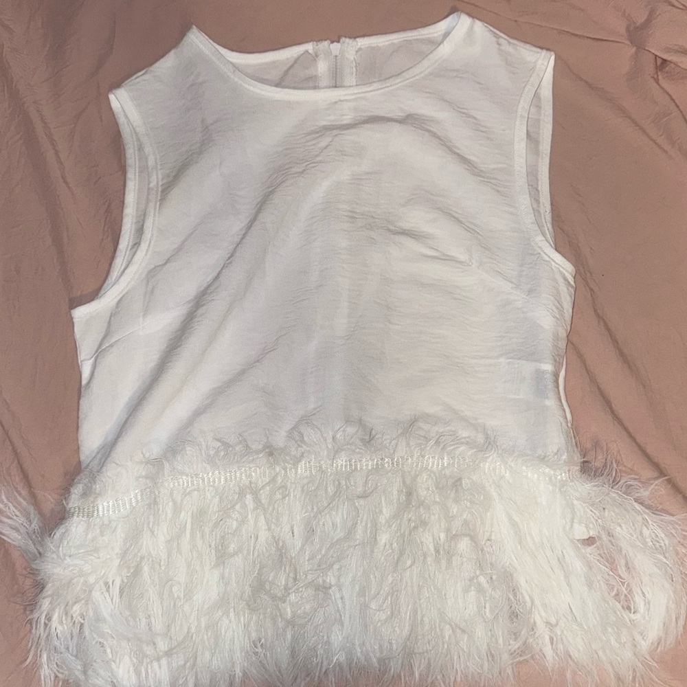 white feather trimmed top blouse